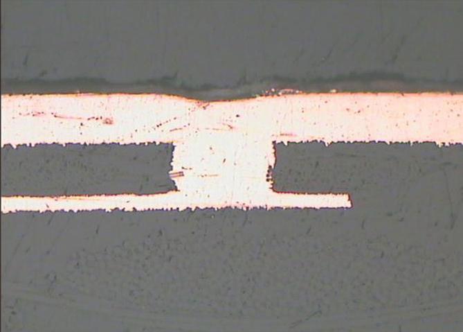Blind µvia laser 100 µm on High Tg 75µm, copper filled, on prepreg 60 µm. 